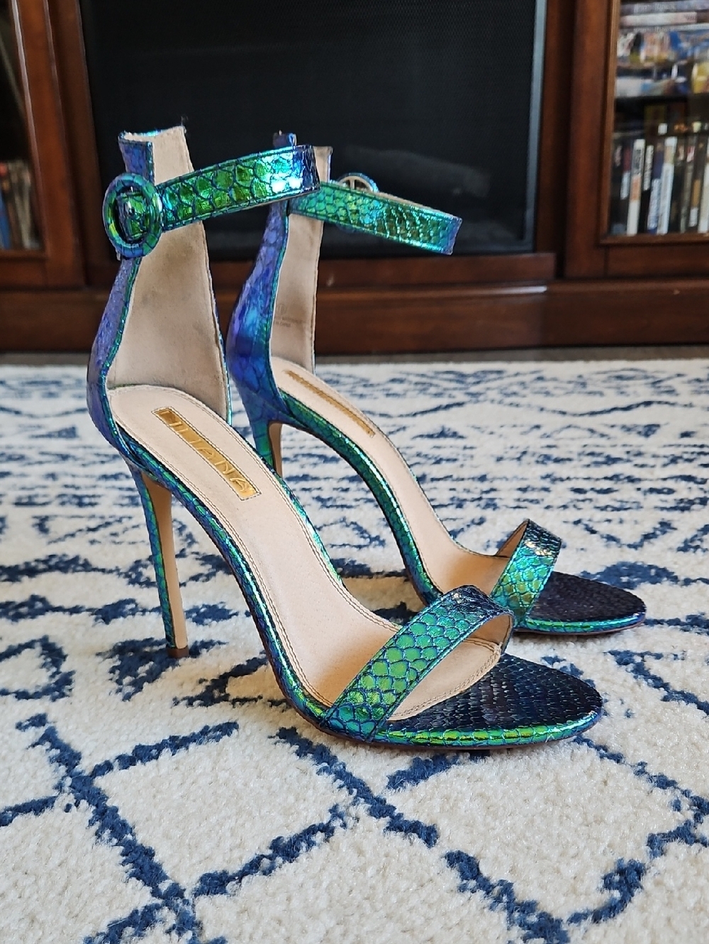 Green Iridescent Snake Print Ankle Strap High Heels